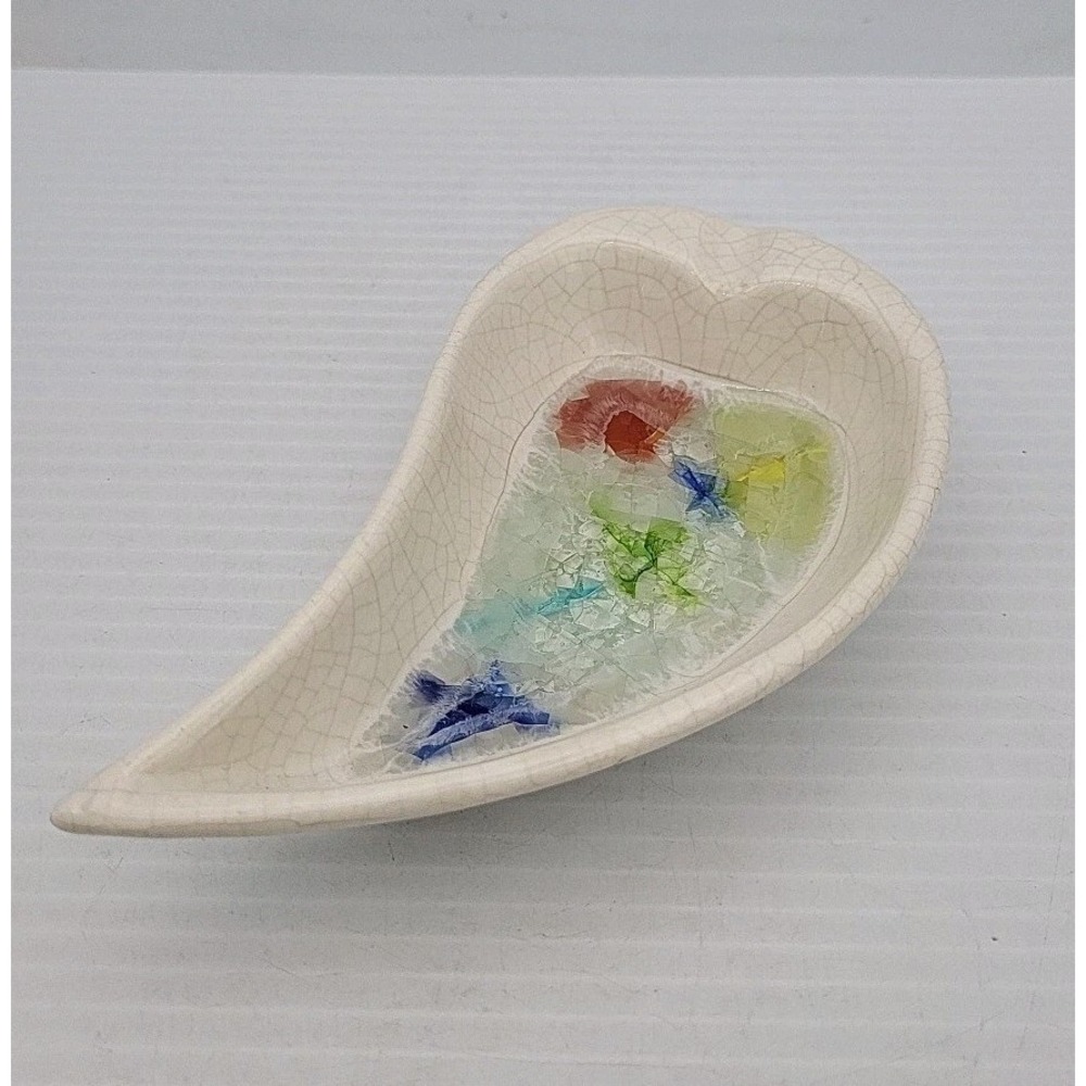 Vintage JACQUIN California Pottery Leaf Shaped Dish with Crackle Glass‎ Edge